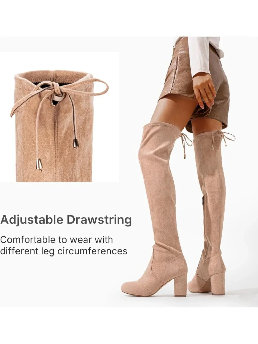 Women's Sand Chunky Heel Round Toe Side Zipper Over The Knee Thigh High Boots